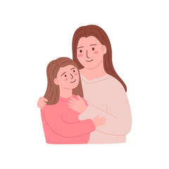 Cute mother and child daughter embrace. Happy family embracing, hugging. Motherhood, parenthood. Mom and girl kid together. Love, friendship of characters. Flat vector illustration