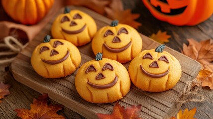 Pumpkin cookies with smiling faces on a wooden board surrounded by autumn leaves and a jack-o'-lantern 