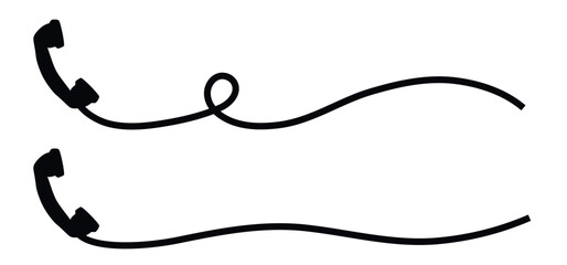 Phone handset with extension cord. Black silhouette isolated on a white background. Vector set.