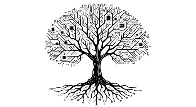 Tree design with circuit board patterns, artistic illustration in black and white