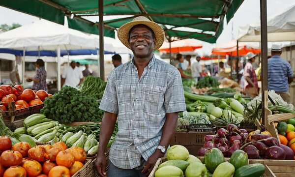 Smiling vendor at bustling market, surrounded by fresh produce