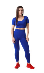 Woman in sportswear posing on white background