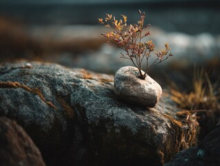 Obraz premium Resilient Sprout: A Serene Stone and Plant Study