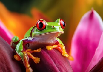 Naklejka premium Vibrant Green Tree Frog with Red Eyes Resting on Colorful Flower Petals Against a Bright Background
