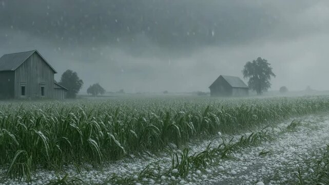Large hailstones fall on a countryside farmland, damaging crops and structures while the storm rages across the sky