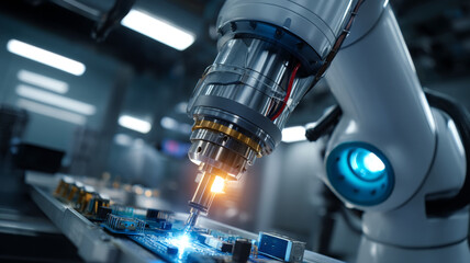 Obraz premium Robotic Arm Assembling Circuit Board with Precision