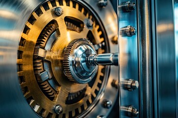 Close-up of intricate gold and steel gears in a vault mechanism.