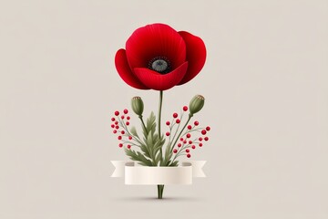 Flat design of a poppy flower with a white banner reading honor and remembrance
