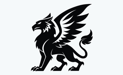 Griffin silhouette, mythological animal, winged beast, Griffin Silhouette on White Background 