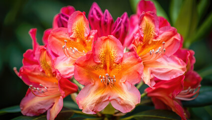 Fototapeta premium Vibrant rhododendron flowers showcasing an array of pink and orange hues in a close-up view.