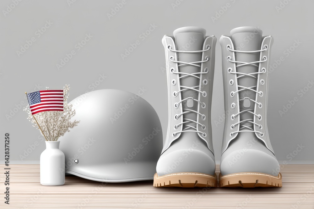 Poster simple illustration of a folded flag beside a helmet and boots drawn in clean 2d on white