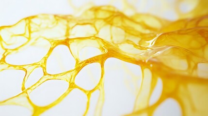 A close-up abstract image of a translucent, yellow organic structure with intricate web-like patterns, creating a visually striking texture.