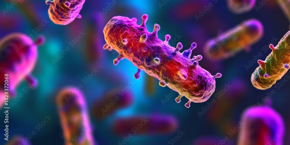 Poster dynamic and colorful microscopic view of bacteria in vibrant hues. this visually striking image capt