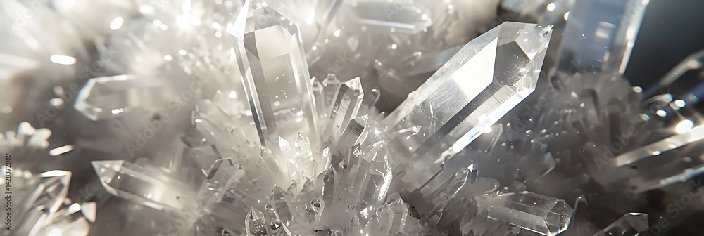 Poster macro close-up background texture of clear white quartz crystal formations showing sharp facets and 