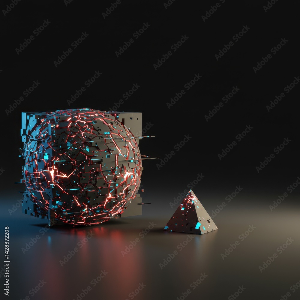 Poster abstract 3d render: glowing fractured sphere and pyramid on dark background