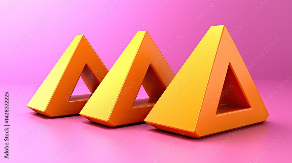 Poster three golden geometric triangle shaped objects arranged on a pink surface