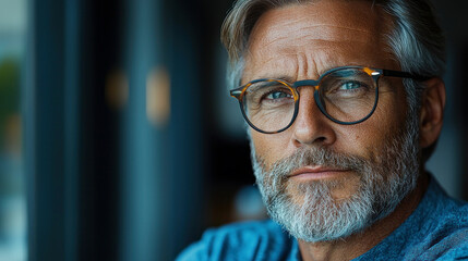 Stylish mature man with salt and pepper beard wearing round glasses looking confidently through window in natural light Generative AI