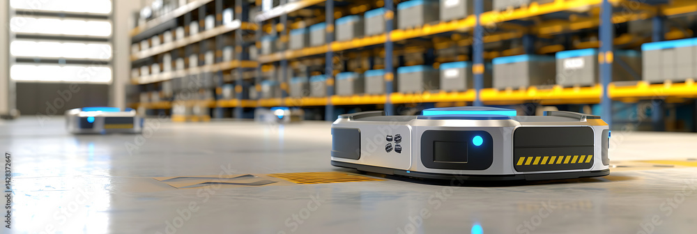 Poster autonomous mobile robots (amrs) operating on the floor of a large, modern warehouse with tall racks 
