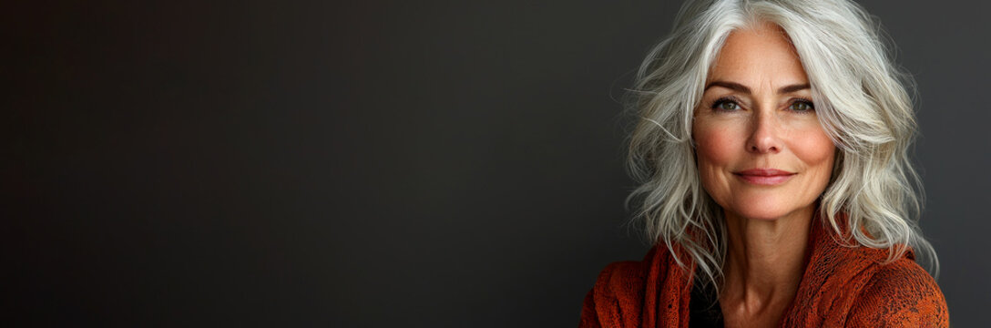 Confident mature woman with wavy silver hair wearing textured orange shawl smiling softly against dark background in studio light Generative AI