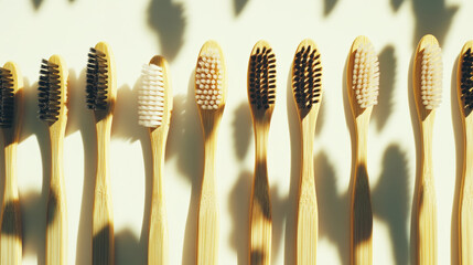 Top view of bamboo toothbrushes with strong shadows on clean background, eco-friendly lifestyle concept. Generative AI