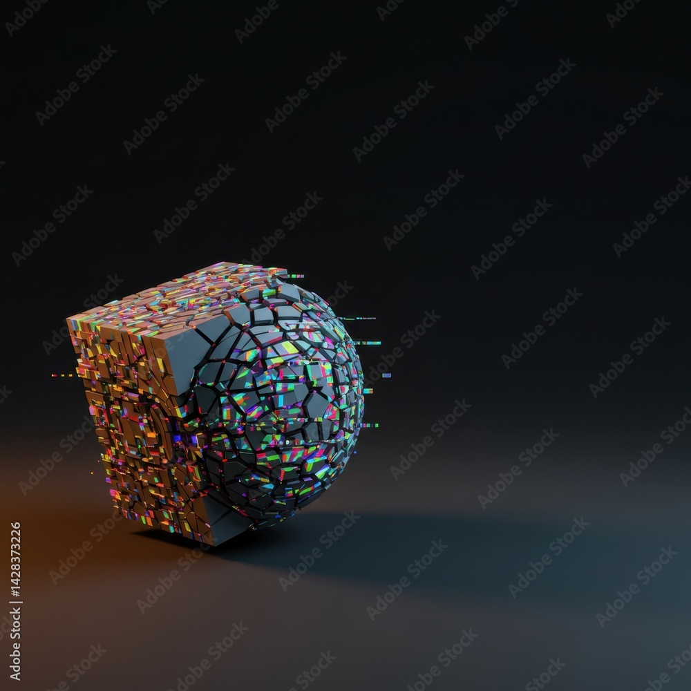 Poster abstract 3d render of a shattered cube transforming into a sphere with iridescent fragments on a dar