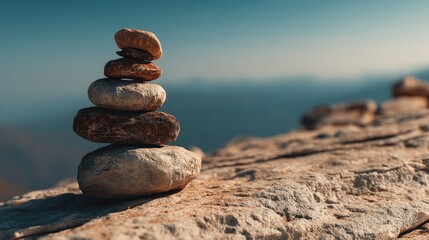 Serene Stacked Stones: A Peaceful Zen Rock Balancing on a Clifftop