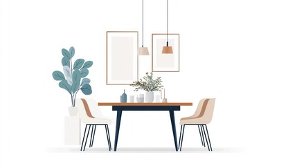 Modern dining room illustration.  Simple, minimalist, and elegant interior design with a wooden table and beige chairs, framed artwork and pendant lights