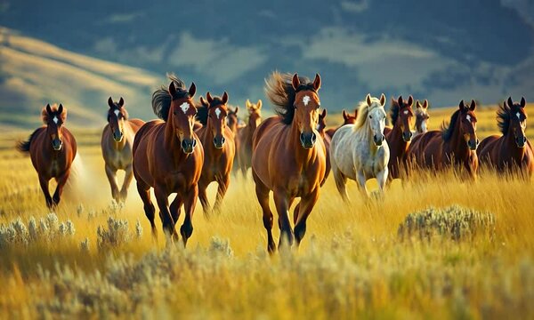 A herd of galloping horses running through a golden field with mountains in the background