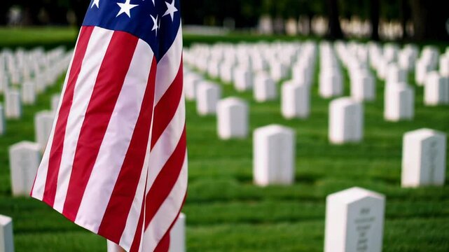 Multiple views of an american flag gently waving in the wind amidst rows of white tombstones in a peaceful military cemetery, creating a poignant scene of remembrance and honor for fallen soldiers - Powered by Adobe