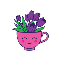 A pink teacup with a face, filled with delicate tulips and greenery, showing softness, warmth, and emotional openness