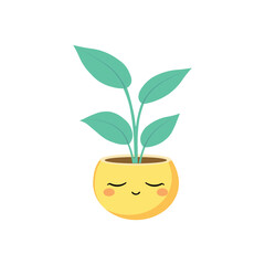 A leafy plant with two large bluish-green leaves growing from a bulb-like, yellow pot with a relaxed, sleepy face