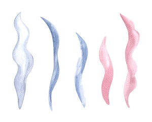 Seaweed blue and pink color watercolor set illustration for kids designs. Undersea wild plants collection. Hand drawn isolated underwater kelp of sea and ocean. Marine flora in cartoon baby style.