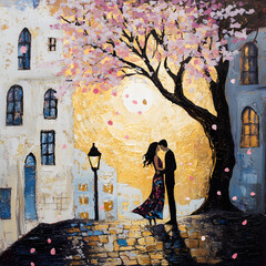 A couple is kissing under a tree. Generated using AI.