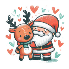 Fototapeta premium Santa Claus Hugging Reindeer with Hearts in Cute Crayon Drawing