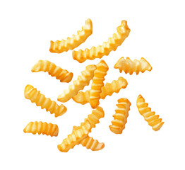 Crispy crinkle fries flying in air isolated on white background. Falling French fires isolated on white background. Crinkle fries floating.