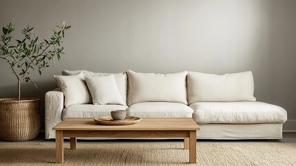 Eco-friendly modern living room with natural wood furniture in minimalist design
