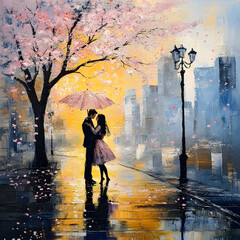 A couple is kissing under an umbrella on a rainy day. Generated using AI.