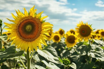 Fototapeta premium Sunflowers blooming in a vibrant field under a bright blue sky in summer