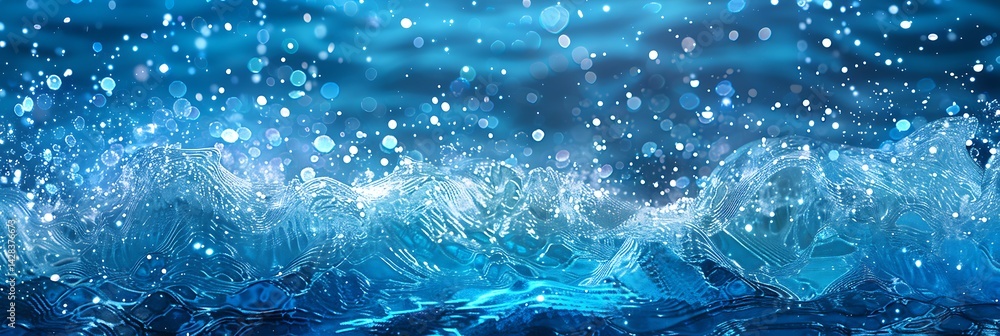 Poster abstract background of turbulent blue water waves or ice formations with splashing particles and glo