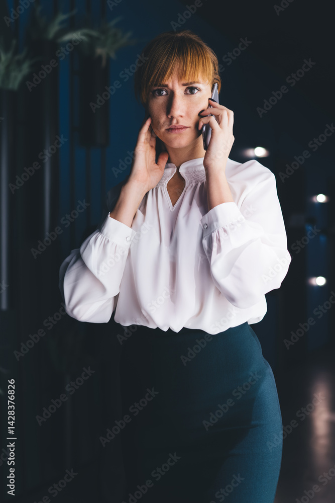 Poster half length of caucasian woman in formal wear solving business problems during consultancy conversat