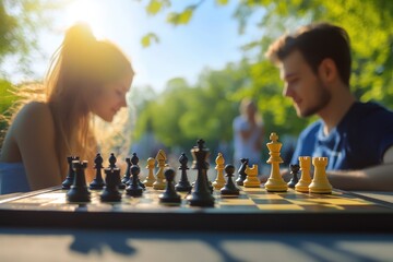 Young couple enjoys a game of chess in a lush green park during sunny weather