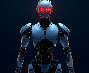 3D rendering of a full-body robot with red glowing eyes