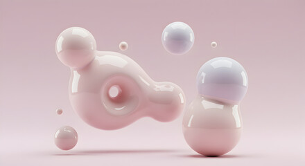 Abstract background featuring smooth, organic shapes and soft pastel colors, with glossy, spherical elements floating in mid-air