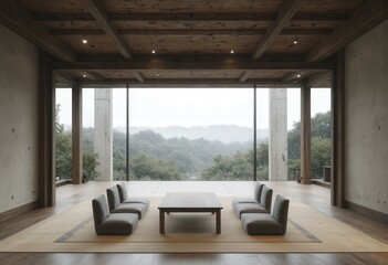 Fototapeta premium Minimalist Living Room Overlooking Lush Green Hills