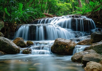 Fototapeta premium Serene Waterfall Cascading Over Smooth Rocks in Lush Green Forest Surrounded by Nature’s Beauty and Tranquility for Relaxation or Meditation