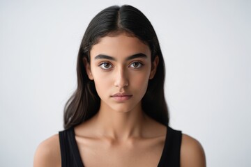 Beautiful young woman close-up Portrait Mixed race ethnicity Persian White girl with no make-up big brown eyes Long black straight hair Studio shot on white background Fashion model digitals 