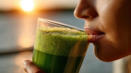 A serene morning scene with a person savoring a chlorella smoothie as sunlight paints a golden silhouette