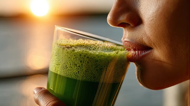 A serene morning scene with a person savoring a chlorella smoothie as sunlight paints a golden silhouette