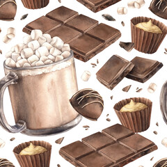 Hot chocolate with marshmallows, truffle candies, milk chocolate, crumbs and bars. Watercolor seamless pattern, suitable for cafe menus, packaging, branding, food blogs and cozy winter designs.