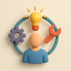 Image of a person with a gear, wrench, and light bulb symbolizing skills and innovation.